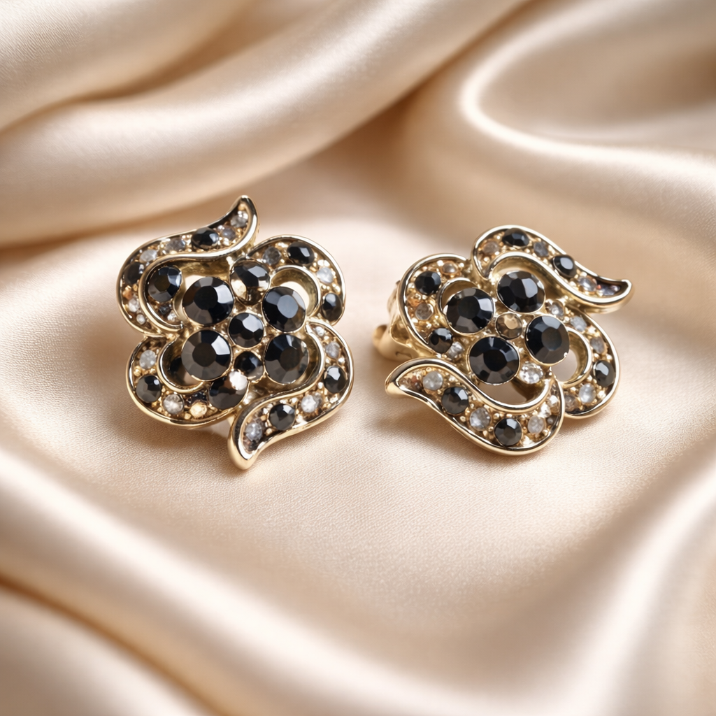 Fekete köves, mintás klipszes fülbevaló ezüstszínű alappal